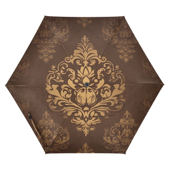 Damask Pattern Folding Umbrella UV50+ Waterproof Sun Protection Auto Open Close Compact Fiberglass Frame