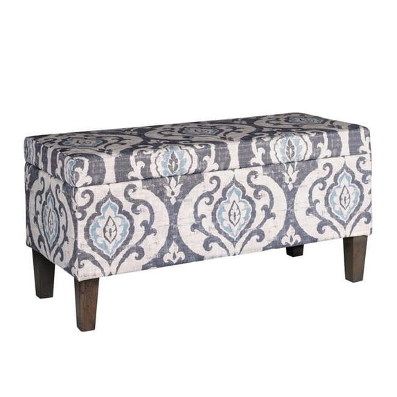Damask Patterned Fabric Upholstered Wooden Bench with Hinged Storage - Large - Multi Color
