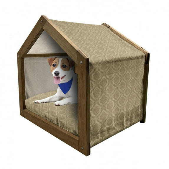 Damask Pet House, Middle Inspired Symmetrical Shapes Floral Arrangement Soft Colors Print, Outdoor & Indoor Portable Dog Kennel with Pillow and Cover, 5 Sizes, Khaki, by Ambesonne