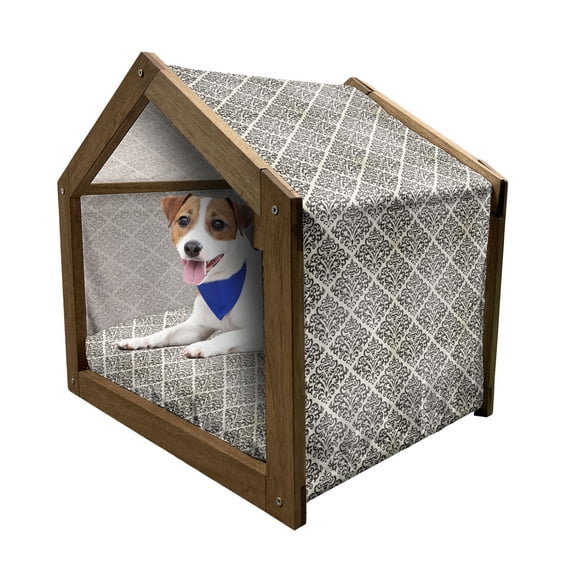 Damask Pet House, Vintage Design Elements Symmetric Motif with Swirls Floral Pattern, Outdoor & Indoor Portable Dog Kennel with Pillow and Cover, 5 Sizes, Cream Black, by Ambesonne