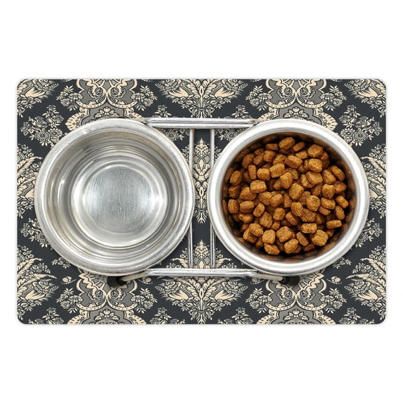 Damask Pet Mat for Food and Water, Victorian Style Baroque Classic Pattern with Ornamental Floral Leaves Image, Non-Slip Rubber Mat for Dogs and Cats, 18" X 12", by Ambesonne