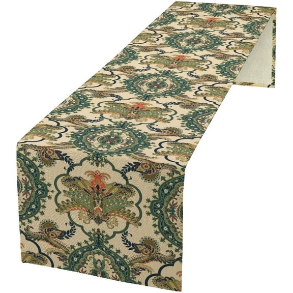 Damask Plants Table Runner, Retro Green Colorful Floral Linen Table Top Decor for Wedding Party 13x72 Inch