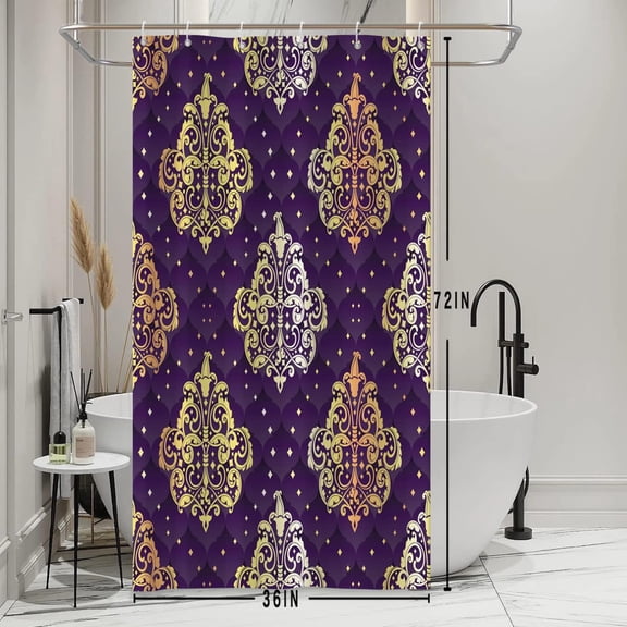 Damask Print Shower Curtains Abstract Purple and Gold Damask Floral Pattern Design Bathroom Decor Waterproof Polyester Fabric 36x72 Inch Shower Curtains Sets with Hooks