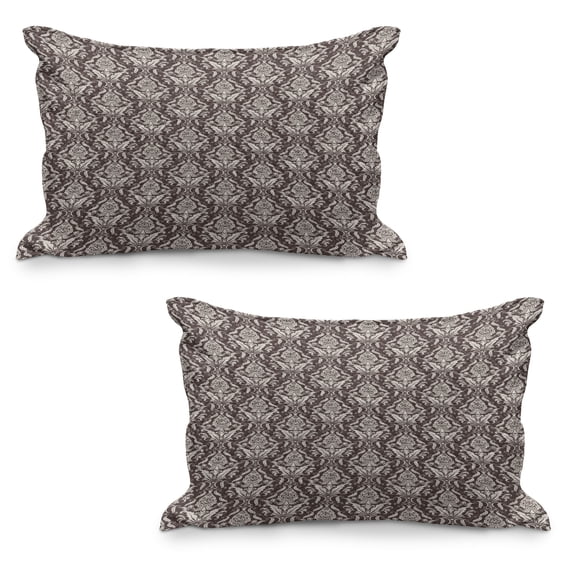 Damask Quilted Pillowcover Set of 2, Wildflowers with Symmetric Leaves Vintage Arrangement Curls and Swirls Design, Standard Queen Size Pillow Cover Bedroom, 30" x 20", Dark Brown Cream, by Ambesonne