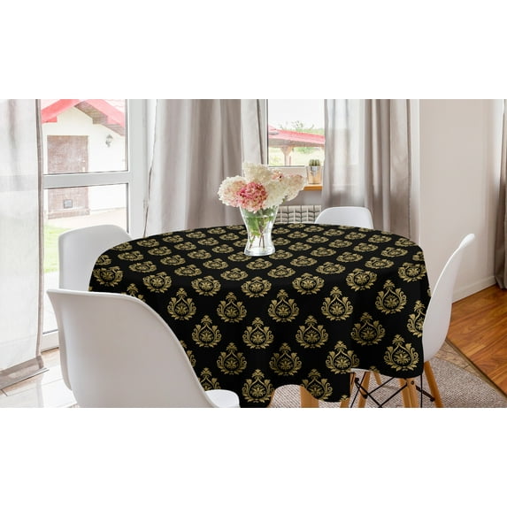 Damask Round Tablecloth, Victorian Baroque Scrolling Flowers Swirly Vintage Renaissance Rococo Pattern, Circle Table Cloth Cover for Dining Room Kitchen Decoration, 60", Camel and Black, by Ambesonne
