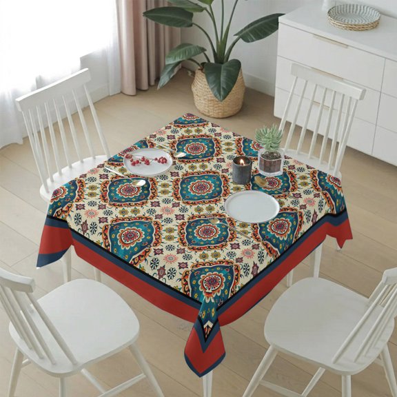 Damask Seamless Bohemian Retro Floral Table Cloth 54x54in, Waterproof Square Tablecloth Wipeable Tablecloths Ethnic Vintage Pattern Table Covers for Dining Tables Party Indoor Outdoor