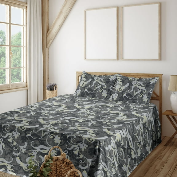 Ambesonne Damask Fitted & Flat Sheet with Shams 4 Pcs Set, Floral Pattern Grid Vintage, King, Pale Ceil Blue Pale Grey