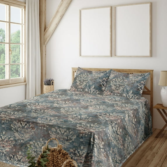 Ambesonne Damask Fitted & Flat Sheet with Sham 3 Pcs Set, Victorian Swirly Leaf Motif, Twin, Grey Teal Pale Rust and Beige