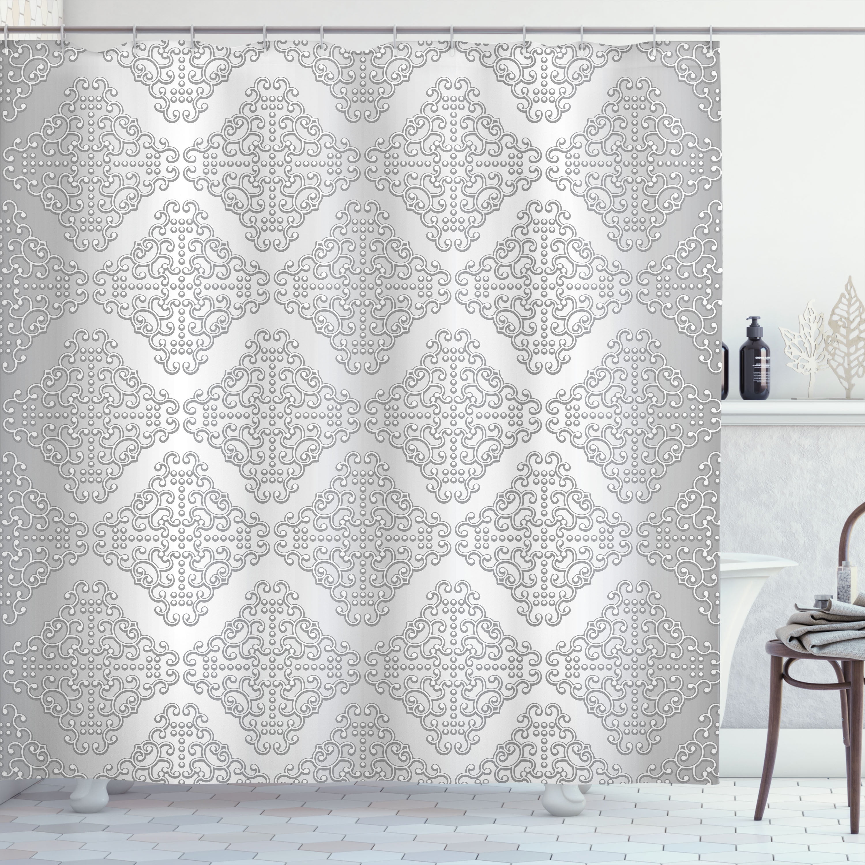 Damask Shower Curtain, Damask Inspired Floral Motifs in Symmetrical Old