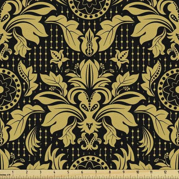 Ambesonne Damask Fabric by the Yard Upholstery, Antique Foliage Motifs, 10 Yards, Black Earth Yellow