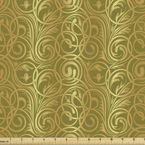 Damask Sofa Upholstery Fabric by the Yard, Branches in Golden Yellow Tones Scrolling Foliage Stems Classic Rococo Motif, Decorative Fabric for DIY and Home Accents, Pale Coffee Fawn by Ambesonne