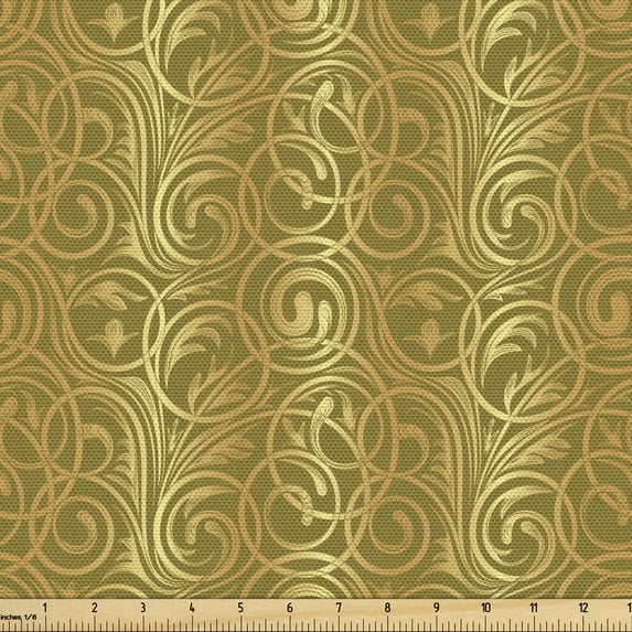 Ambesonne Damask Fabric by the Yard Upholstery, Floral Art Swirly Branches, 10 Yards, Pale Coffee Fawn