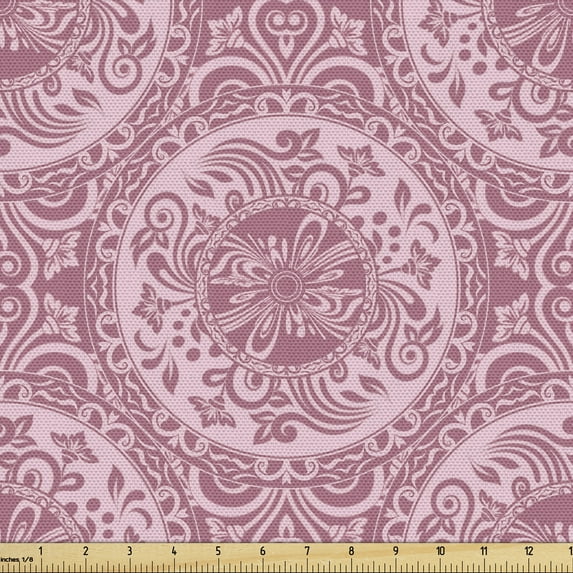 Damask Sofa Upholstery Fabric by the Yard, Monochrome Mystic Ornamented Flowers and Circles Arrangement Illustration, Decorative Fabric for DIY and Home Accents, Dried Rose and Rose by Ambesonne