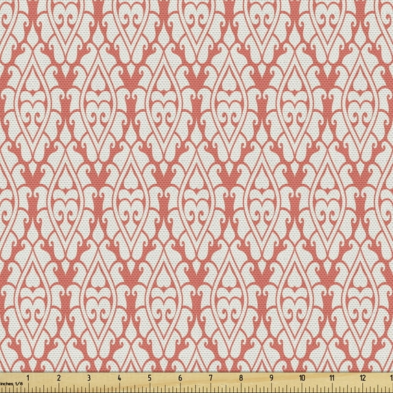 Ambesonne Damask Fabric by the Yard Upholstery, Oriental Floral Illustration, 10 Yards, Coral Pale Eggshell
