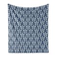 thumbnail image 1 of Damask Soft Flannel Fleece Blanket, Antique Floral Ornament with Baroque Curls Curves Foliage Nature Theme, Cozy Plush for Indoor and Outdoor Use, 60" x 80", Dark Petrol Blue White, by Ambesonne, 1 of 5