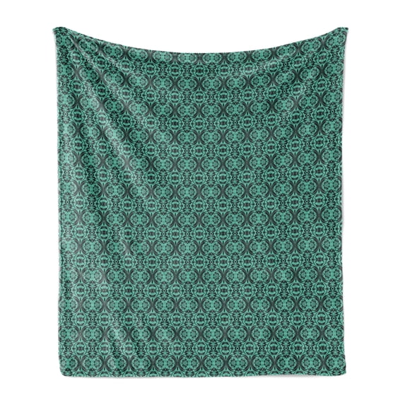 Damask Soft Flannel Fleece Blanket, Baroque Style Foliage Ornament with Rococo Curves and Renaissance Elements, Cozy Plush for Indoor and Outdoor Use, 50" x 60", Sea Green and Black, by Ambesonne