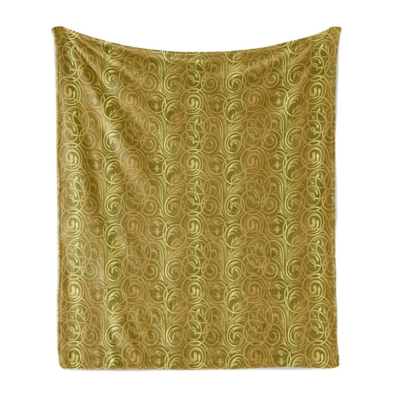 Damask Soft Flannel Fleece Blanket, Branches in Golden Yellow Tones Scrolling Foliage Stems Classic Rococo Motif, Cozy Plush for Indoor and Outdoor Use, 70" x 90", Pale Coffee Fawn, by Ambesonne