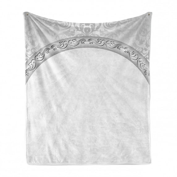 Damask Soft Flannel Fleece Blanket, Curvy Band with Abstract Baroque Ornaments Victorian Vintage Corner Framework, Cozy Plush for Indoor and Outdoor Use, 50" x 60", Pale Grey White, by Ambesonne