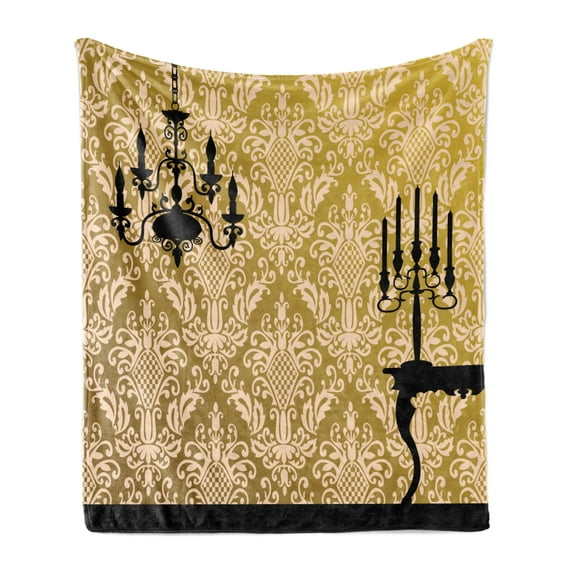 Damask Soft Flannel Fleece Blanket, English Country House Damask Motif on Wall and Chandelier Silhouettes Renaissance, Cozy Plush for Indoor and Outdoor Use, 60" x 80", Yellow Black, by Ambesonne