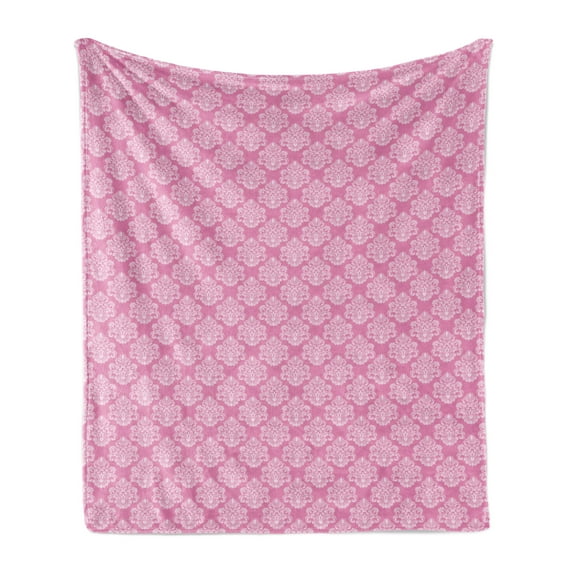 Damask Soft Flannel Fleece Blanket, Flora Design with Middle Eastern Motifs Flowers Leaves Swirls Vintage Inspirations, Cozy Plush for Indoor and Outdoor Use, 50" x 70", Pink White, by Ambesonne