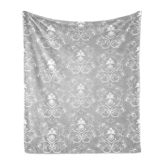 Damask Soft Flannel Fleece Blanket, Damask Style Antique Floral Motifs Pattern Royal Victorian Design Vintage Leaves, Cozy Plush for Indoor and Outdoor Use, 50" x 60", Grey and White, by Ambesonne