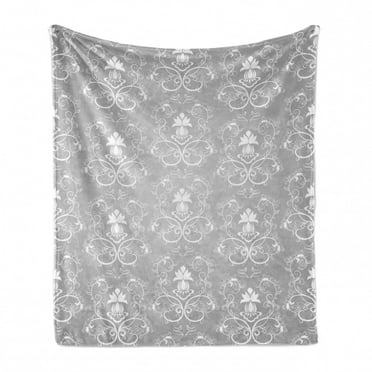 Damask Soft Flannel Fleece Blanket, Damask Style Antique Floral Motifs Pattern Royal Victorian Design Vintage Leaves, Cozy Plush for Indoor and Outdoor Use, 50" x 70", Grey and White, by Ambesonne