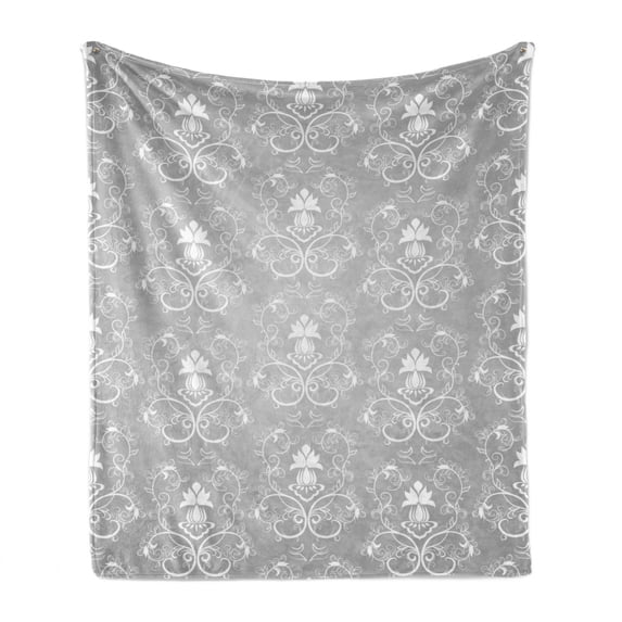 Damask Soft Flannel Fleece Blanket, Damask Style Antique Floral Motifs Pattern Royal Victorian Design Vintage Leaves, Cozy Plush for Indoor and Outdoor Use, 50" x 70", Grey and White, by Ambesonne