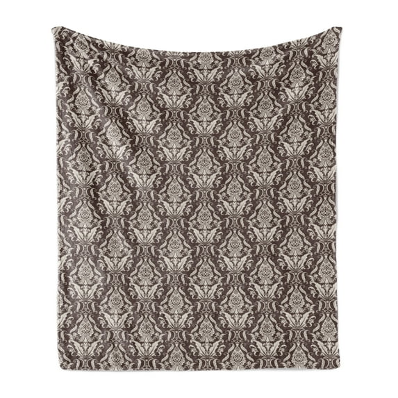 Damask Soft Flannel Fleece Blanket, Wildflowers with Symmetric Leaves Vintage Arrangement Curls and Swirls Design, Cozy Plush for Indoor and Outdoor Use, 60" x 80", Dark Brown Cream, by Ambesonne