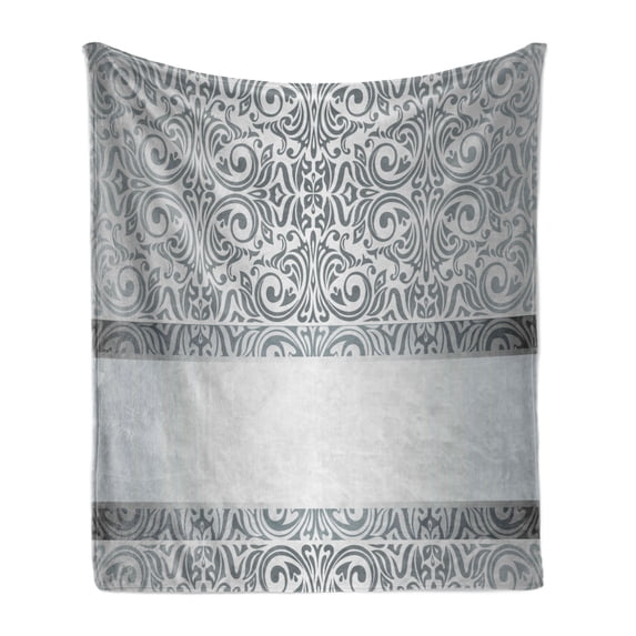 Damask Soft Flannel Fleece Throw Blanket, Baroque Damask Curves Rococo Style Motifs Floral Renaissance Revival Design, Cozy Plush for Indoor and Outdoor Use, 50" x 60", Grey Pale Grey, by Ambesonne
