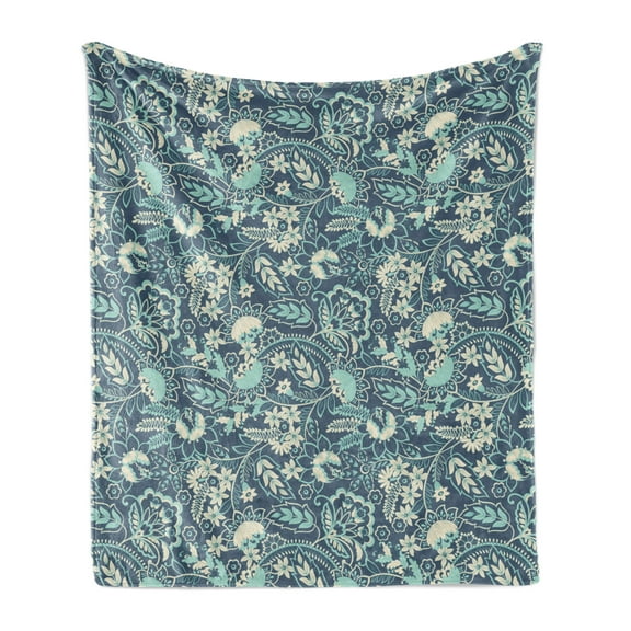 Damask Soft Flannel Fleece Throw Blanket, Botanical Theme Vintage Floral Motifs Bluish Flowers and Leaves Fashion Art, Cozy Plush for Indoor and Outdoor Use, 50" x 60", Multicolor, by Ambesonne