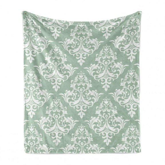 Damask Soft Flannel Fleece Throw Blanket, Continuos Rhombus Arrangement Floral Ivy Style Inspired Motifs Pattern, Cozy Plush for Indoor and Outdoor Use, 50" x 70", Pale Sage Green White, by Ambesonne