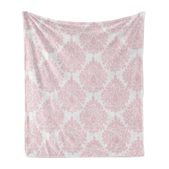Damask Soft Flannel Fleece Throw Blanket, Damask Pattern Royal Motif Baby Pink Floral Design Victorian Fashioned Print, Cozy Plush for Indoor and Outdoor Use, 60" x 80", Pink and White, by Ambesonne