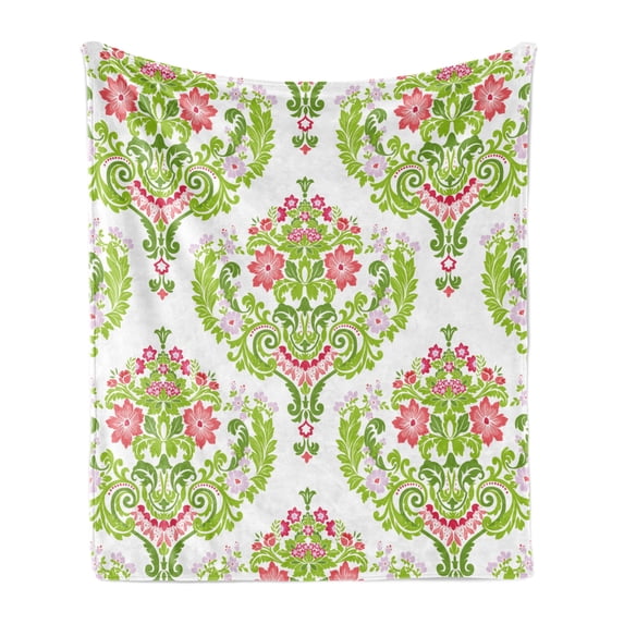 Damask Soft Flannel Fleece Throw Blanket, Floral Arrangement Damask Green Foliage Design Print, Cozy Plush for Indoor and Outdoor Use, 70" x 90", Green Coral Pale Mauve, by Ambesonne