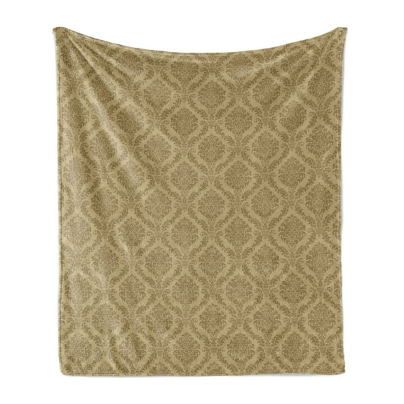 Damask Soft Flannel Fleece Throw Blanket, Middle Inspired Symmetrical Shapes Floral Arrangement Soft Colors Print, Cozy Plush for Indoor and Outdoor Use, 50" x 60", Khaki, by Ambesonne