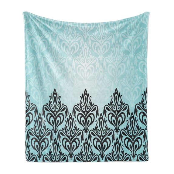 Damask Soft Flannel Fleece Throw Blanket, Modern Old Motif Symmetric Lines Royal Baby Color Bold Floral Pattern, Cozy Plush for Indoor and Outdoor Use, 70" x 90", Blue Black, by Ambesonne