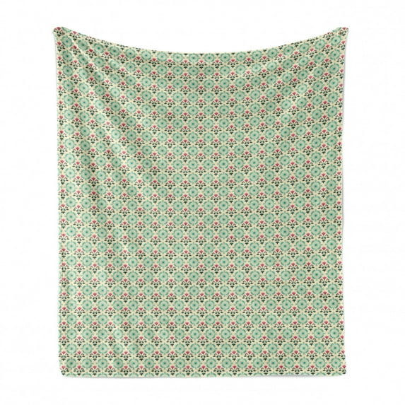 Damask Soft Flannel Fleece Throw Blanket, Motifs from Oriental Cultures Pink Flowers on Off White Background, Cozy Plush for Indoor and Outdoor Use, 50" x 70", Dark Green Turquoise, by Ambesonne