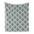 thumbnail image 1 of Damask Soft Flannel Fleece Throw Blanket, Nostalgia Themed Composition with Baroque Blooms and Hand Writing Backdrop, Cozy Plush for Indoor and Outdoor Use, 60" x 80", Tan Petrol Blue, by Ambesonne, 1 of 5