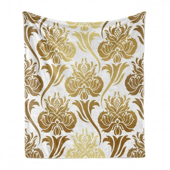 Damask Soft Flannel Fleece Throw Blanket, Ombre Abstract Image Floral East Inspired Details Print, Cozy Plush for Indoor and Outdoor Use, 60" x 80", Caramel and Pale Yellow, by Ambesonne