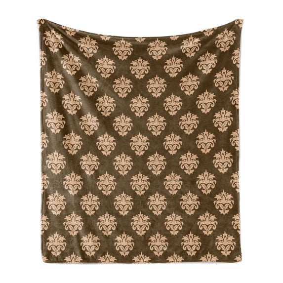 Damask Soft Flannel Fleece Throw Blanket, Retro Style Antique Floral Motifs with Victorian Influences Abstract Ornaments, Cozy Plush for Indoor and Outdoor Use, 70" x 90", Tan and Brown, by Ambesonne