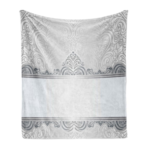 Damask Soft Flannel Fleece Throw Blanket, Vintage Rich Royal Flower Motifs Forms Heart Shapes Bridal Damask Design, Cozy Plush for Indoor and Outdoor Use, 50" x 70", Grey Bluegrey White, by Ambesonne