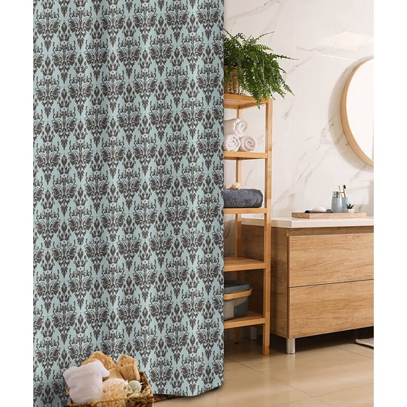 Damask Stall Shower Curtain, Damask Shapes Motif Western Modular Leaves and Rayon Curving Lines Creative Floral, Fabric Bathroom Decor Set with Hooks, 36" W x 72" L, Teal Brown