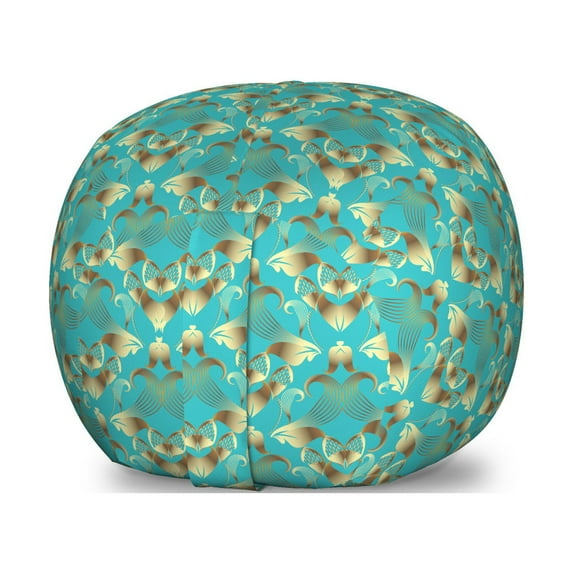 Damask Storage Toy Bag Chair, Continuous Abstract Floral Inspired Art Deco Look Print, Stuffed Animal Organizer Washable Bag, Large Size, Turquoise Sepia, by Ambesonne