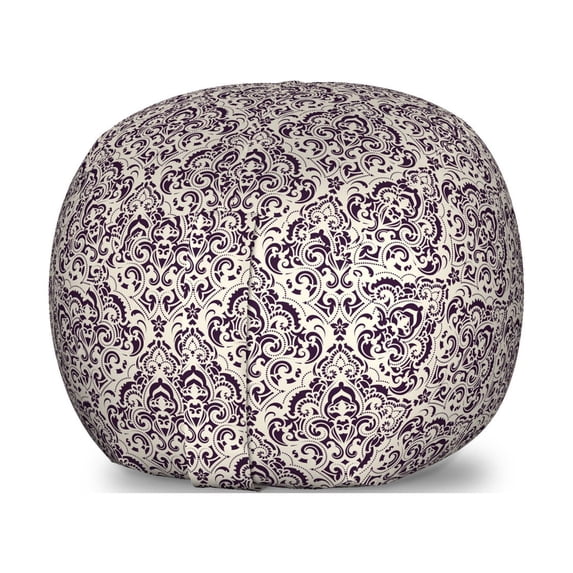 Damask Storage Toy Bag Chair, Monochrome Rhythmic Floral Curvy Ornaments Antique Flair Classical Pattern, Stuffed Animal Organizer Washable Bag, Small Size, Eggshell and Plum, by Ambesonne