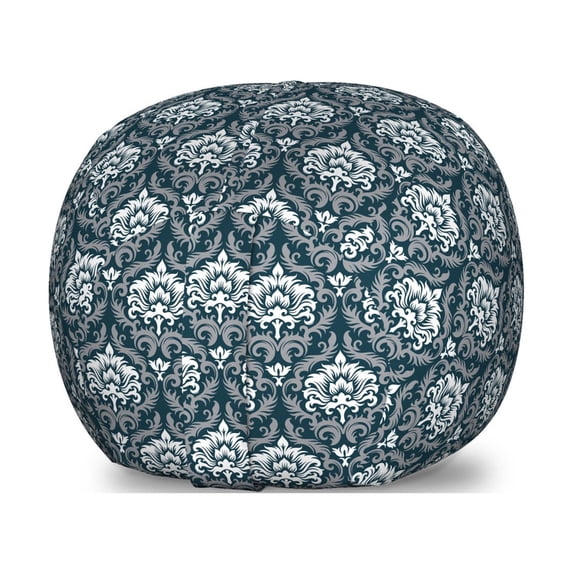 Damask Storage Toy Bag Chair, Popular Floral Damask Leaf Detailed Pattern European Retro Style Art Image, Stuffed Animal Organizer Washable Bag, Large Size, Grey White, by Ambesonne