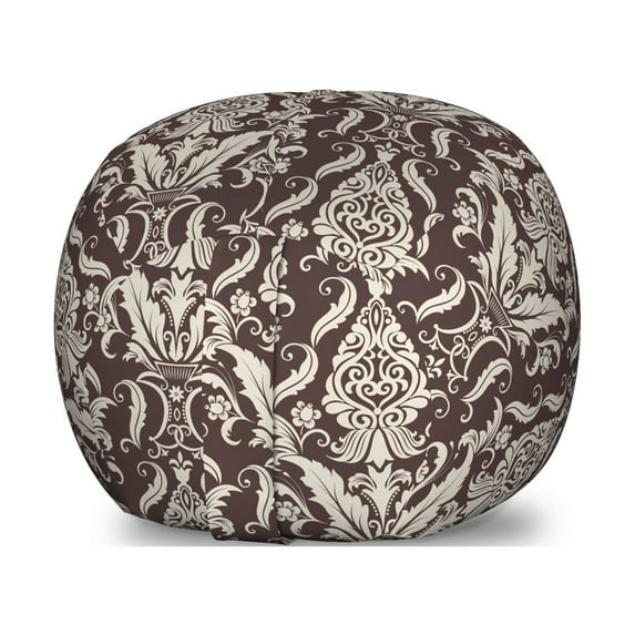 Damask Storage Toy Bag Chair, Wildflowers with Symmetric Leaves Vintage Arrangement Curls and Swirls Design, Stuffed Animal Organizer Washable Bag, Large Size, Dark Brown Cream, by Ambesonne