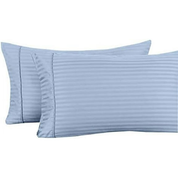 Damask Striped 600-Thread-Count, 100-Percent Cotton King Size, Set of 2 Pillow Cases, Blue