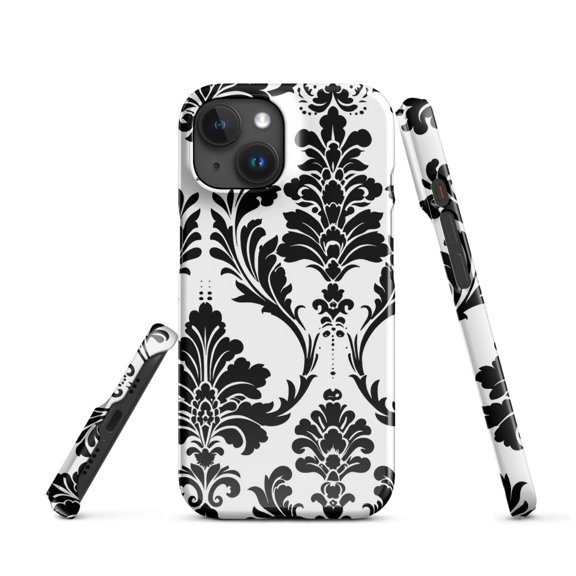Damask Style Print Cell Phone Case, Black and White Classy Snap case for iPhone® (iPhone 15)