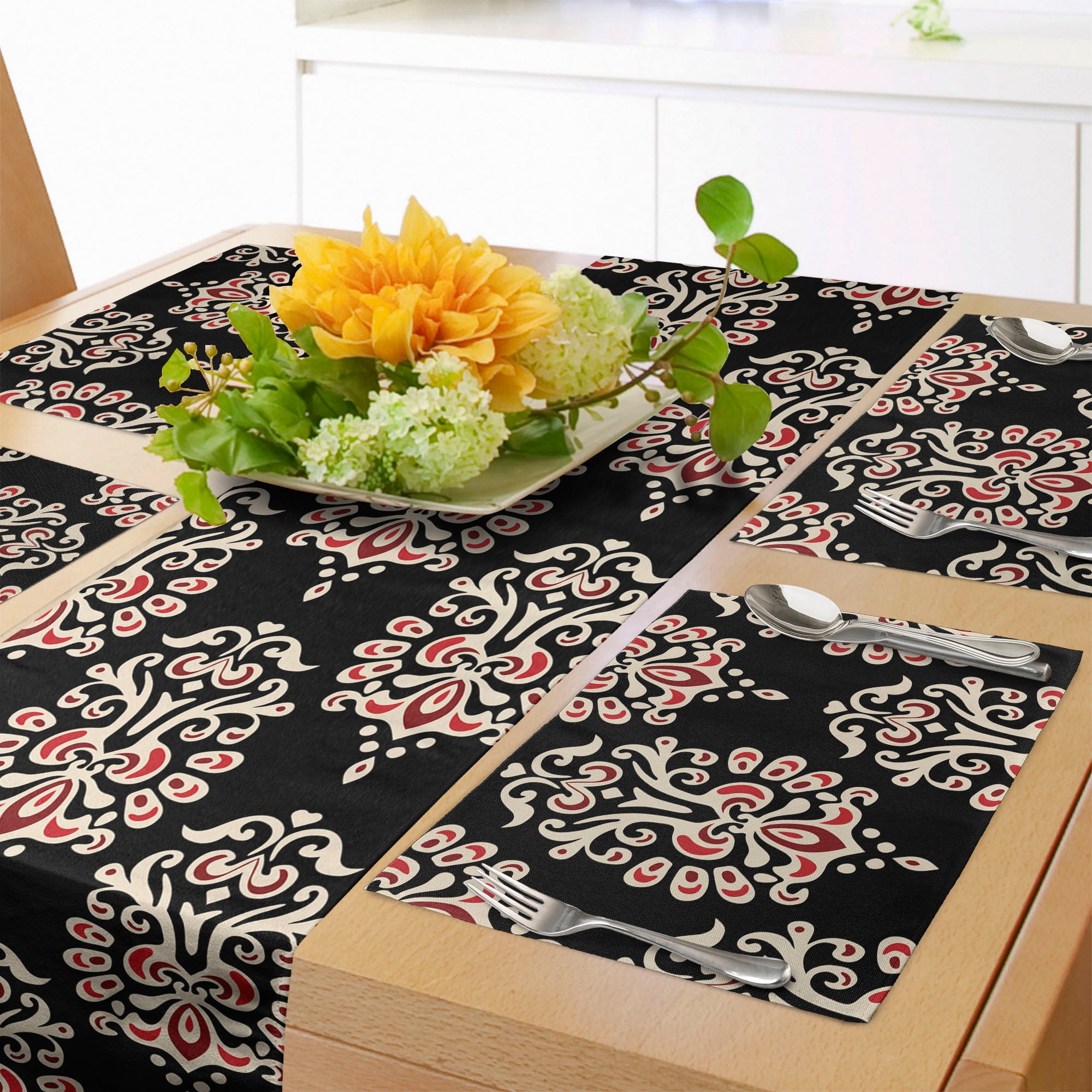 Damask Table Runner & Placemats, Traditional Old Fashioned Abstract Motifs Floral Medieval