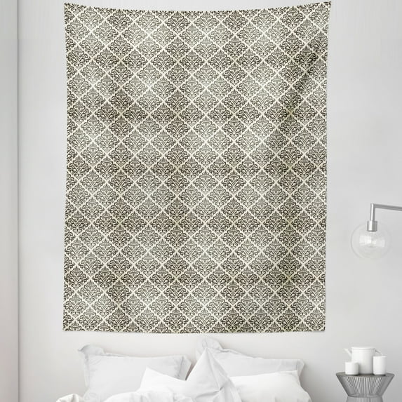 Damask Tapestry, Damask Tile Illustration in Vintage Style Floral Swirls Abstract Design, Fabric Wall Hanging Decor for Bedroom Living Room Dorm, 5 Sizes, Off White and Black, by Ambesonne