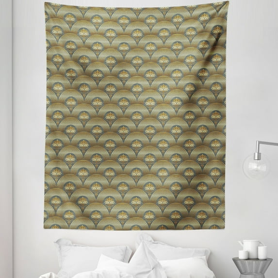 Damask Tapestry, Damasks Surrounded by Round Circle Forms with Concentric Royal Mosaic Details Art, Fabric Wall Hanging Decor for Bedroom Living Room Dorm, 5 Sizes, Yellow Black, by Ambesonne